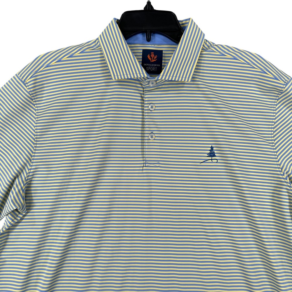 Donald Ross Sport Polo Shirt Mens L Yellow Blue Striped Performance Golf Tee
